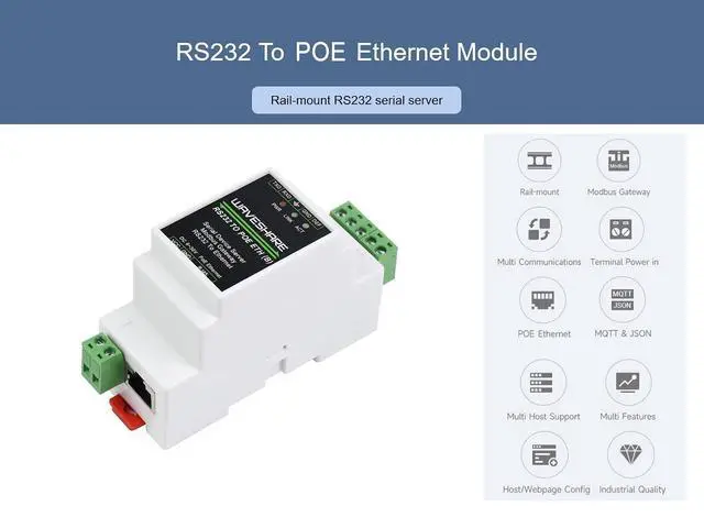 Alt view image 3 of 7 - RS232 to POE Ethernet Converter Module, Industrial Rail-Mount RS232 Serial Server, TCP/IP to Serial, Modbus Gateway, Bi-Directional Transparent Data Transmission Between RS232 and Ethernet