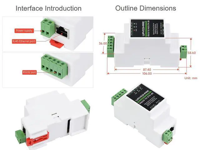 Alt view image 7 of 7 - RS232 to POE Ethernet Converter Module, Industrial Rail-Mount RS232 Serial Server, TCP/IP to Serial, Modbus Gateway, Bi-Directional Transparent Data Transmission Between RS232 and Ethernet