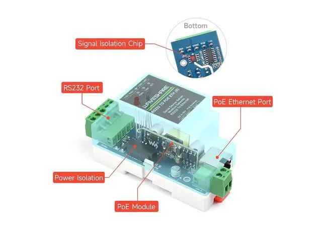 Alt view image 2 of 7 - RS232 to POE Ethernet Converter Module, Industrial Rail-Mount RS232 Serial Server, TCP/IP to Serial, Modbus Gateway, Bi-Directional Transparent Data Transmission Between RS232 and Ethernet