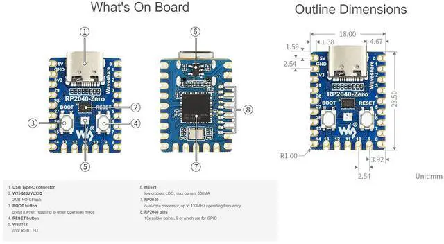 Alt view image 7 of 7 - RP2040-Zero Pico-Like MCU Development Board Based on Raspberry Pi RP2040 Microcontroller Chip, Dual-core Arm Processor, Multi-Function GPIO Pins, USB-C Connector, Tiny Size Easy Integration