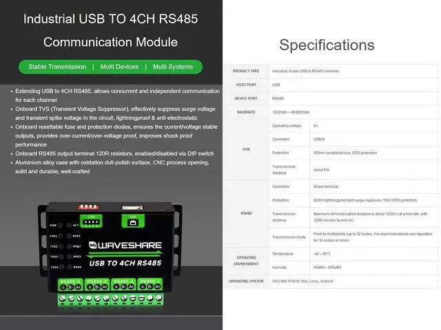 Alt view image 3 of 7 - USB to RS485 Converter Communication Module Extending USB to 4CH RS485, Transmission Distance up to 1.2km, Multi Protection Circuits, Support Win11/10/8.1/8/7 Mac Linux Android etc.