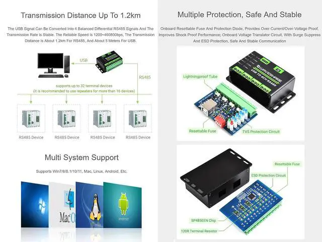 Alt view image 4 of 7 - USB to RS485 Converter Communication Module Extending USB to 4CH RS485, Transmission Distance up to 1.2km, Multi Protection Circuits, Support Win11/10/8.1/8/7 Mac Linux Android etc.