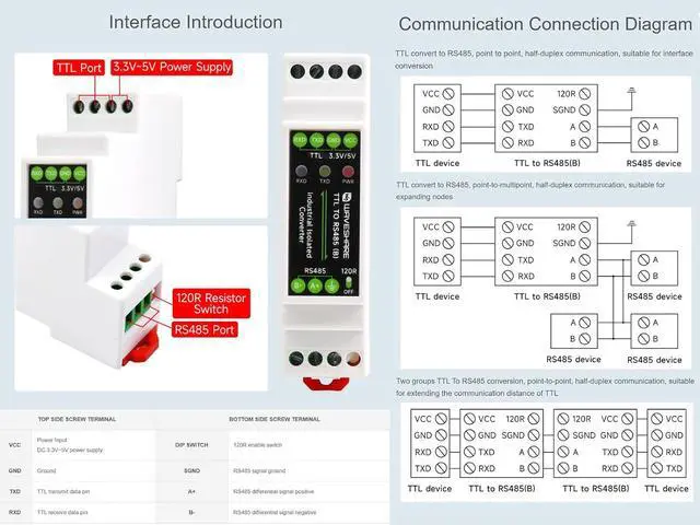 Alt view image 5 of 7 - TTL to RS485 Serial Converter Galvanic Isolated TTL to RS485 Serial Server, 600W Lightningproof & Anti-Surge, Multi-Isolation Protection, Rail-Mount Support