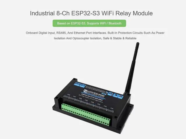 Alt view image 2 of 7 - Industrial 8-Ch ESP32-S3 WiFi Relay Module, Onboard RS485, Digital Input, Relay, Ethernet Port and Multiple Isolation Protection Circuits, Supports RS485 and Bluetooth/WiFi Remote Control