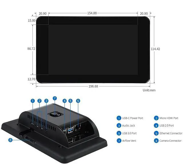 Alt view image 2 of 7 - 7 Inch DSI LCD Screen with Case for Raspberry Pi 4B, 800×480 Capacitive Touch Screen Monitor Support Raspbian/Ubuntu/Kali/Win 10 IoT