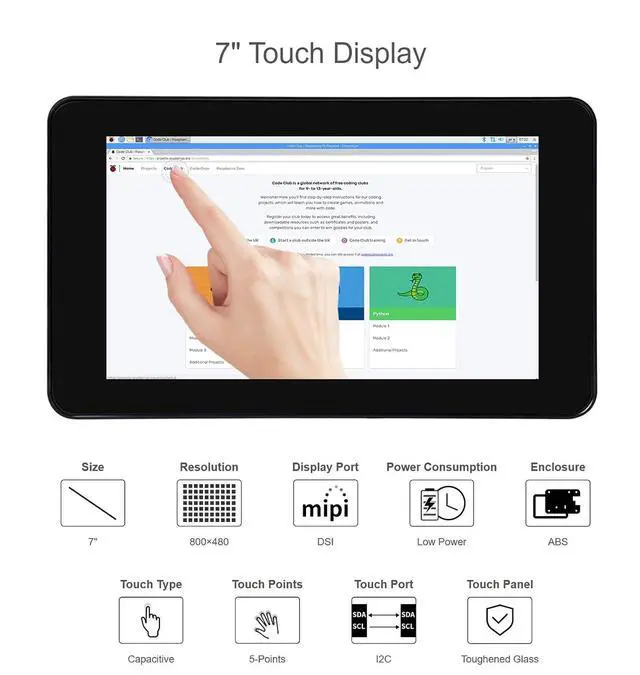 Alt view image 4 of 7 - 7 Inch DSI LCD Screen with Case for Raspberry Pi 4B, 800×480 Capacitive Touch Screen Monitor Support Raspbian/Ubuntu/Kali/Win 10 IoT