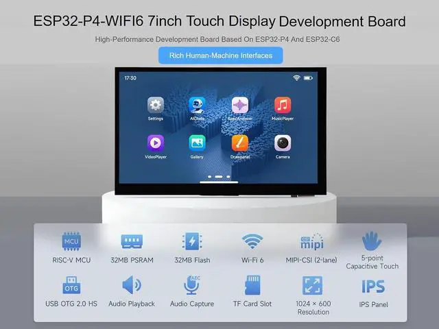 Alt view image 2 of 7 - ESP32-P4-WIFI6 7inch Touch Display Dev Board, Based on ESP32-P4 and ESP32-C6 Chip, with 7" IPS 5-Point Touch Screen 1024×600, Onboard RS485/CAN/I2C/UART Headers, Supports AI Speech Interaction