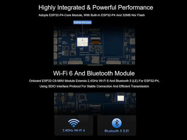 Alt view image 6 of 7 - ESP32-P4-WIFI6 7inch Touch Display Dev Board, Based on ESP32-P4 and ESP32-C6 Chip, with 7" IPS 5-Point Touch Screen 1024×600, Onboard RS485/CAN/I2C/UART Headers, Supports AI Speech Interaction