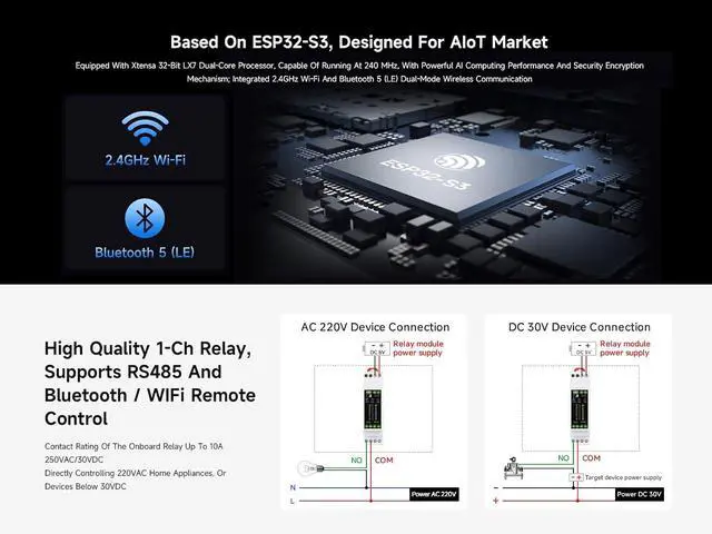 Alt view image 3 of 7 - Industrial 1-Ch ESP32-S3 WiFi Relay Module, Supports RS485/WIFi/Bluetooth Control, Contact Rating of Relay up to 10A 250VAC/30VDC, with Multiple Isolation Protection Circuits, Rail-Mount Case