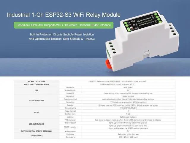 Alt view image 2 of 7 - Industrial 1-Ch ESP32-S3 WiFi Relay Module, Supports RS485/WIFi/Bluetooth Control, Contact Rating of Relay up to 10A 250VAC/30VDC, with Multiple Isolation Protection Circuits, Rail-Mount Case
