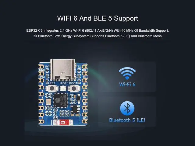 Alt view image 3 of 7 - ESP32 C6 Zero WiFi 6 Development Board Based on ESP32-C6FH4 Dual Processors, up to 160MHz Running Frequency, Integrates 2.4GHz Wi-Fi 6 (802.11 ax/b/g/n) & Bluetooth 5, USB Type-C Port