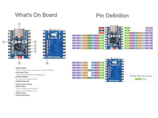 Alt view image 5 of 7 - ESP32 C6 Zero WiFi 6 Development Board Based on ESP32-C6FH4 Dual Processors, up to 160MHz Running Frequency, Integrates 2.4GHz Wi-Fi 6 (802.11 ax/b/g/n) & Bluetooth 5, USB Type-C Port