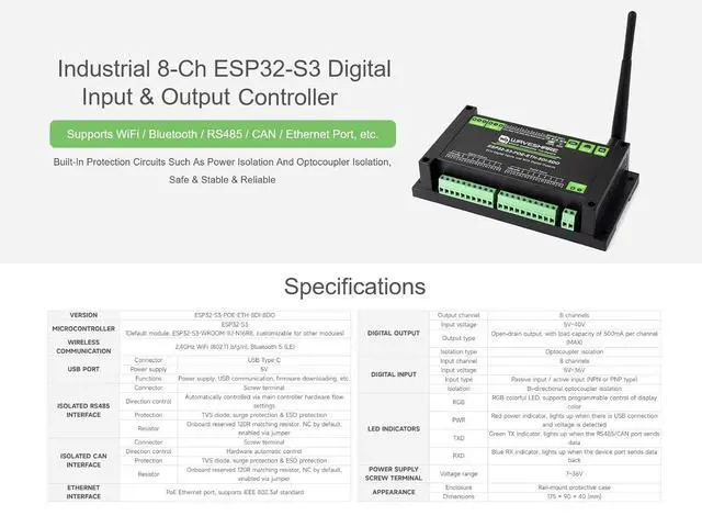 Alt view image 3 of 7 - ESP32-S3 8-Ch Digital Input & Output Controller, Dual-core Processor, Built-in PoE Module, Support WiFi/Bluetooth / RS485 / CAN/ETH Port, etc. Multiple Isolation Protection Circuits