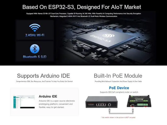 Alt view image 4 of 7 - ESP32-S3 8-Ch Digital Input & Output Controller, Dual-core Processor, Built-in PoE Module, Support WiFi/Bluetooth / RS485 / CAN/ETH Port, etc. Multiple Isolation Protection Circuits