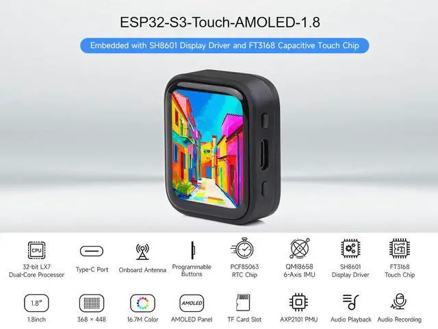 Alt view image 2 of 7 - ESP32-S3 1.8inch AMOLED Touch Screen Development Board, 368×448 16.7M Color Display, 32-bit LX7 Dual-core Processor, Support 2.4GHz Wi-Fi and BLE-5, Onboard 6-Axis IMU, RTC, Audio Codec, etc.