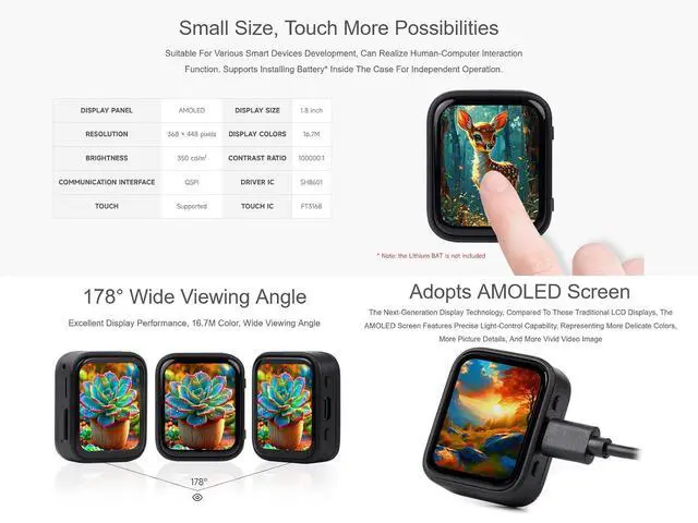 Alt view image 3 of 7 - ESP32-S3 1.8inch AMOLED Touch Screen Development Board, 368×448 16.7M Color Display, 32-bit LX7 Dual-core Processor, Support 2.4GHz Wi-Fi and BLE-5, Onboard 6-Axis IMU, RTC, Audio Codec, etc.