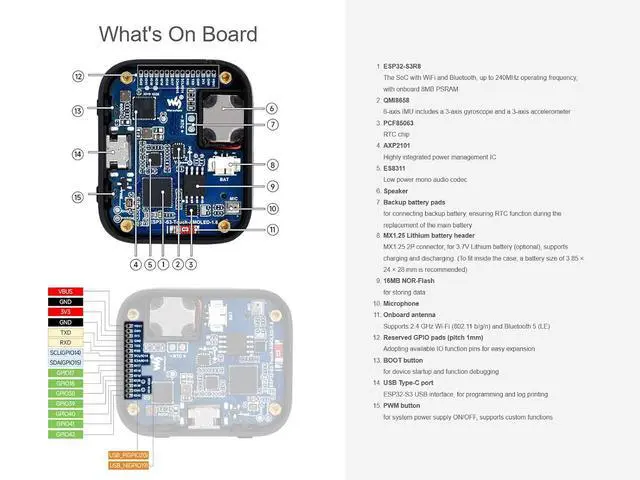 Alt view image 6 of 7 - ESP32-S3 1.8inch AMOLED Touch Screen Development Board, 368×448 16.7M Color Display, 32-bit LX7 Dual-core Processor, Support 2.4GHz Wi-Fi and BLE-5, Onboard 6-Axis IMU, RTC, Audio Codec, etc.