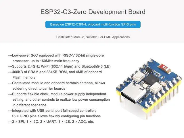 Alt view image 2 of 7 - ESP32-C3 Mini Development Board with Pre-soldered Header, Based on ESP32-C3FN4 Single-core Processor, 160MHz Running Frequency, Support 2.4GHz Wi-Fi (802.11 b/g/n) & Bluetooth 5