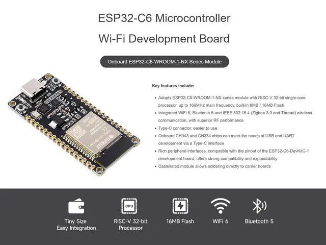 Alt view image 2 of 7 - ESP32-C6 RISC-V Microcontroller Dev Board, Integrated WiFi 6, IEEE 802.15.4 (Zigbee 3.0&Thread) and BLE 5, Adopt ESP32-C6-WROOM-1-NX Series Module, Support USB/UART Development, 16M Flash