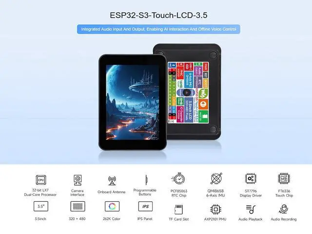 Alt view image 2 of 7 - ESP32-S3 3.5inch LCD Touch Display Development Board, ESP32-S3 with IPS Screen 320×480 Pixel 262K Color, Onboard Camera Interface and Audio Codec, etc., Support AI Speech Interaction