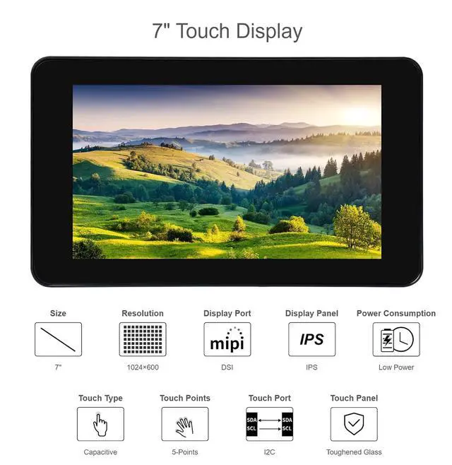 Alt view image 3 of 7 - 7 inch DSI LCD Touch Display for Raspberry Pi 4B/3B+/3A+/CM4/CM3+, 1024×600 IPS Screen Capacitive Touchscreen Supports Raspbian, 5-Points Touch, Driver Required