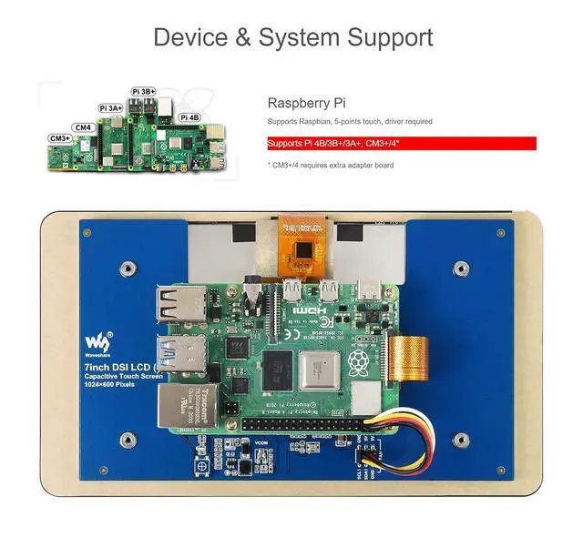 Alt view image 5 of 7 - 7 inch DSI LCD Touch Display for Raspberry Pi 4B/3B+/3A+/CM4/CM3+, 1024×600 IPS Screen Capacitive Touchscreen Supports Raspbian, 5-Points Touch, Driver Required