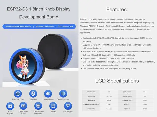 Alt view image 2 of 7 - ESP32-S3 1.8inch Knob Display Development Board, Multi-Functional Smart Rotary Knob Touch Screen 360 × 360 262K Color, 2.4GHz Wi-Fi and Bluetooth Wireless Connection, CNC Metal Case