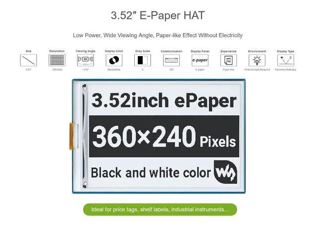 Alt view image 4 of 7 - 3.52inch E-Paper Display HAT, 360x240, SPI Interface, Black/White, 2 Gray Levels, 3.3V/5V, Raspberry Pi/STM32/Arduino Compatible