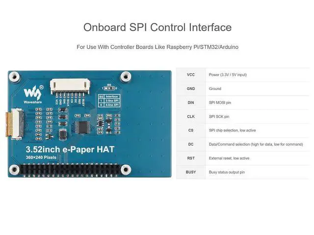 Alt view image 6 of 7 - 3.52inch E-Paper Display HAT, 360x240, SPI Interface, Black/White, 2 Gray Levels, 3.3V/5V, Raspberry Pi/STM32/Arduino Compatible