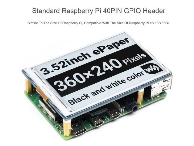 Alt view image 5 of 7 - 3.52inch E-Paper Display HAT, 360x240, SPI Interface, Black/White, 2 Gray Levels, 3.3V/5V, Raspberry Pi/STM32/Arduino Compatible