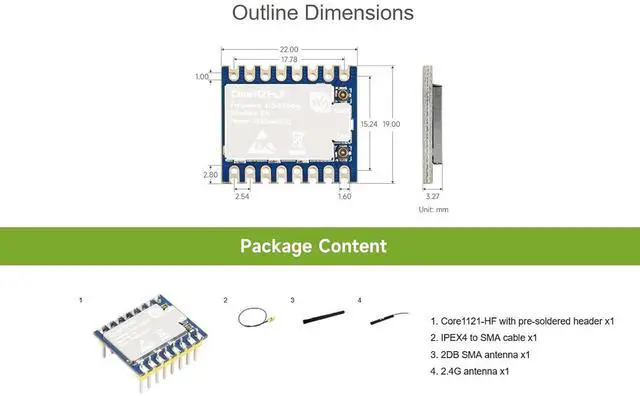 Alt view image 7 of 7 - Core1121 HF Dual-Band LoRa Module Based on LR1121 Low-Power LoRa Transceiver, Support Sub-GHz (150MHz ~ 960MHz), S-Band (1.9GHz ~ 2.1GHz), and 2.4GHz ISM Frequency Bands (with Pinheader)