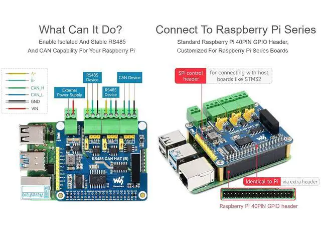 Alt view image 4 of 7 - RS485 CAN HAT for Raspberry Pi, Expand 2-Ch RS485 and 1-Ch CAN, SPI Communication, Industrial Grade Isolation Protections