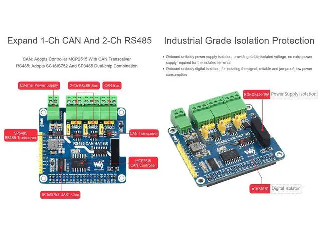 Alt view image 5 of 7 - RS485 CAN HAT for Raspberry Pi, Expand 2-Ch RS485 and 1-Ch CAN, SPI Communication, Industrial Grade Isolation Protections