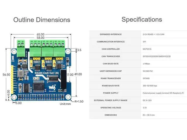 Alt view image 7 of 7 - RS485 CAN HAT for Raspberry Pi, Expand 2-Ch RS485 and 1-Ch CAN, SPI Communication, Industrial Grade Isolation Protections