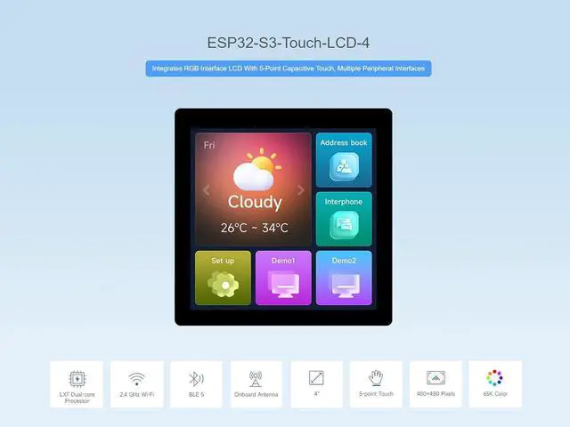 Alt view image 2 of 7 - ESP32-S3 4inch LCD Touch Screen Development Board onboard 480×480 5-Point Touch Display, 32-Bit LX7 Dual-Core Processor, Support 2.4GHz Wi-Fi&Bluetooth 5, Expansion of Multiple Peripherals