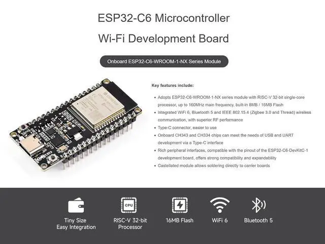 Alt view image 2 of 7 - ESP32-C6 RISC-V Microcontroller Dev Board, Integrated WiFi 6, IEEE 802.15.4 (Zigbee 3.0&Thread) and BLE 5, Adopt ESP32-C6-WROOM-1-NX Series Module, 16M Flash, with Pre-soldered Header