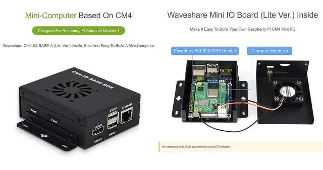 Alt view image 3 of 7 - Mini-Computer Based on Raspberry Pi Compute Module 4 (NOT Included), CM4-IO-BASE-A (Lite Ver.) Inside, Metal Case, with Cooling Fan, USB HDMI Adapter, FFC Cables, USB-A to USB-C Cable etc.