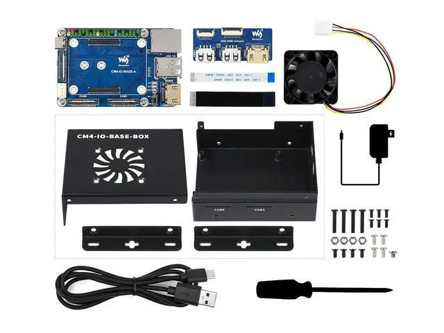 Alt view image 2 of 7 - Mini-Computer Based on Raspberry Pi Compute Module 4 (NOT Included), CM4-IO-BASE-A (Lite Ver.) Inside, Metal Case, with Cooling Fan, USB HDMI Adapter, FFC Cables, USB-A to USB-C Cable etc.