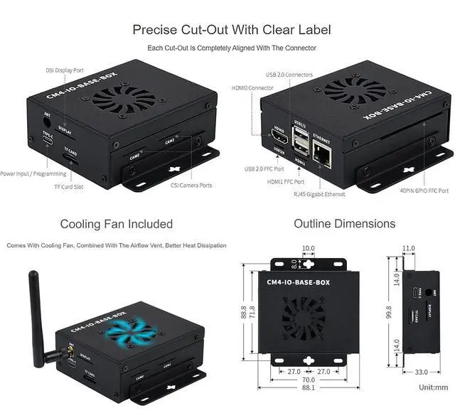 Alt view image 5 of 7 - Mini-Computer Based on Raspberry Pi Compute Module 4 (NOT Included), CM4-IO-BASE-A (Lite Ver.) Inside, Metal Case, with Cooling Fan, USB HDMI Adapter, FFC Cables, USB-A to USB-C Cable etc.