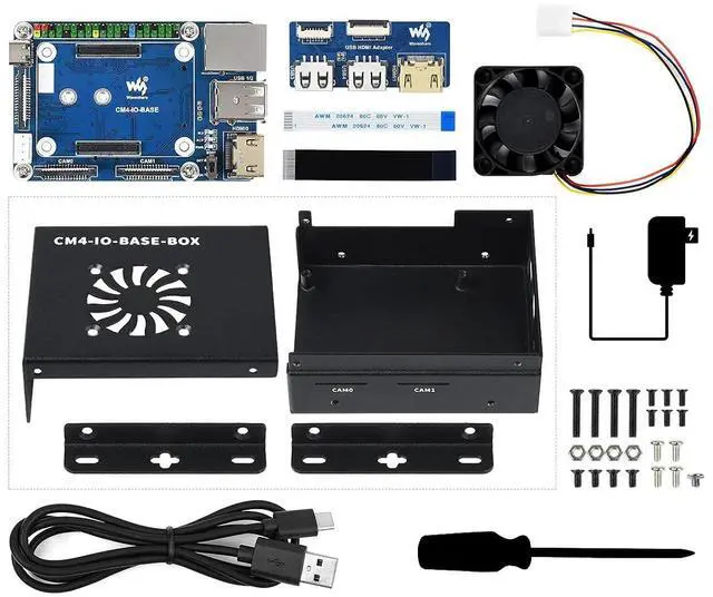 Alt view image 2 of 7 - Mini-Computer Based on Raspberry Pi Compute Module 4 (NOT Included), CM4-IO-BASE-B (Full Ver.) Inside, Metal Case, with Cooling Fan, USB HDMI Adapter, FFC Cables, USB-A to USB-C Cable etc.