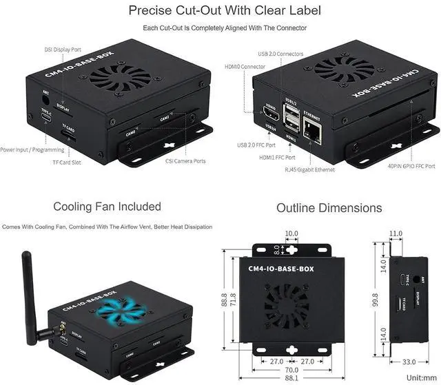 Alt view image 5 of 7 - Mini-Computer Based on Raspberry Pi Compute Module 4 (NOT Included), CM4-IO-BASE-B (Full Ver.) Inside, Metal Case, with Cooling Fan, USB HDMI Adapter, FFC Cables, USB-A to USB-C Cable etc.