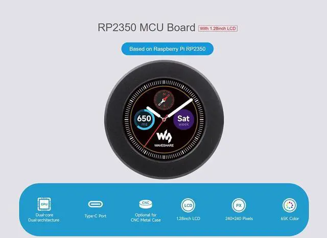 Alt view image 2 of 7 - RP2350 MCU Board with onboard 1.28inch LCD 240×240 Pixels 65K Colorful IPS Display, Based on RasPi RP2350 Microcontroller Chip, Dual-core & Dual-Architecture, Type-C Port, CNC Metal Case