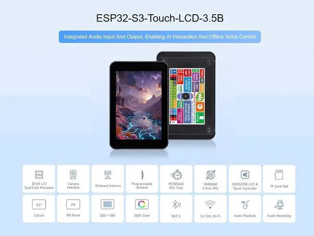Alt view image 2 of 7 - ESP32-S3 3.5inch LCD Touch Display Development Board, 320×480 262K Color IPS Screen, QSPI Interface, Onboard Camera Interface, Integrated Audio Input and Output, Supports AI Speech Interaction