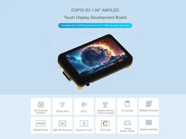 Alt view image 2 of 7 - ESP32-S3 1.64inch AMOLED Touch Display Development Board, 280×456 Resolution, 16.7M Color, QSPI Interface, Wi-Fi and BLE-5 Support, Onboard 6-Axis IMU, TF Card Slot, USB, UART, I2C, etc.