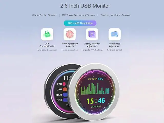 Alt view image 2 of 7 - 2.8 inch Water Cooler Screen USB Monitor, PC Case Secondary Screen, Desktop RGB Ambient Screen, 480×480 Pixel IPS Panel, Support Music Spectrum Analysis Function, Visual Dynamic Theme Editor