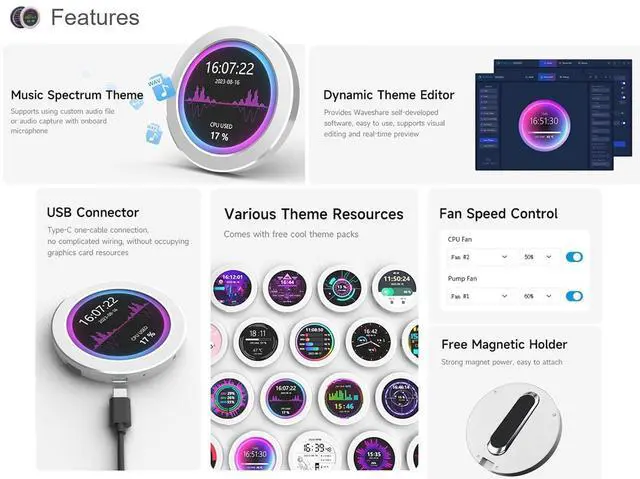 Alt view image 3 of 7 - 2.8 inch Water Cooler Screen USB Monitor, PC Case Secondary Screen, Desktop RGB Ambient Screen, 480×480 Pixel IPS Panel, Support Music Spectrum Analysis Function, Visual Dynamic Theme Editor