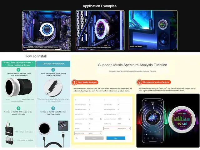 Alt view image 4 of 7 - 2.8 inch Water Cooler Screen USB Monitor, PC Case Secondary Screen, Desktop RGB Ambient Screen, 480×480 Pixel IPS Panel, Support Music Spectrum Analysis Function, Visual Dynamic Theme Editor