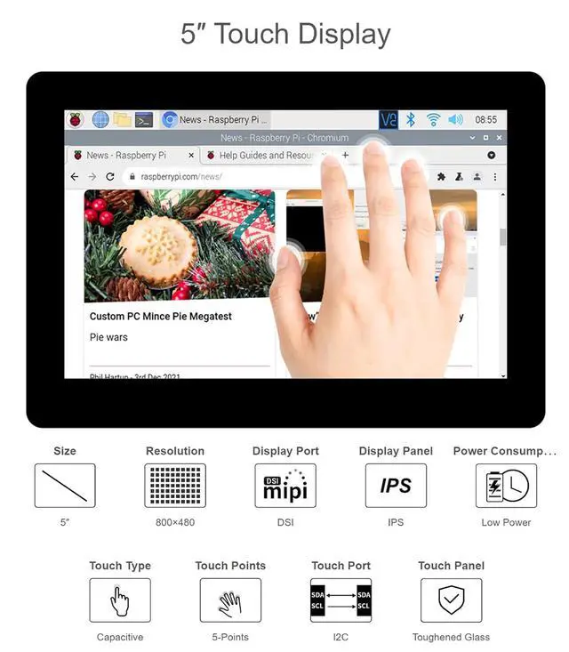 Alt view image 3 of 7 - 5inch IPS Touchscreen for Raspberry Pi DSI LCD Screen 800×480 Capacitive Touch Display Support Raspberry Pi 4B 3B+ 3A+ 3B 2B B+ A+ CM3/3+/4 Compatible with RasPi OS/Ubuntu/Kali/WIN10 IoT/Retropie