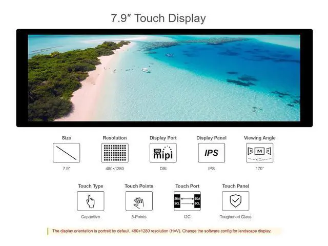 Alt view image 3 of 7 - 7.9inch Touchscreen Display for Raspberry Pi 4B/3B+/3A+, 480×1280 Resolution IPS Screen, DSI Interface, Capacitive Touch Panel Support up to 5 Points Touch