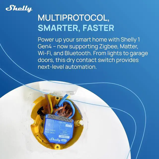 Alt view image 2 of 7 - Shelly 1 Gen4, Smart Wi-Fi & Matter Relay Switch with Dry Contacts, 2 Pack | Wi-Fi, Zigbee and Matter, Dry Contacts, 1-Channel 16A, Alexa, SmartThings, Google Home, Apple HomeKit Compatible